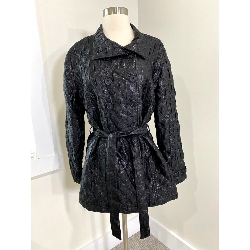 Chicos Black Double Breasted Quilted Puffer‎ Jacket Sz M Old Money Luxury Career
